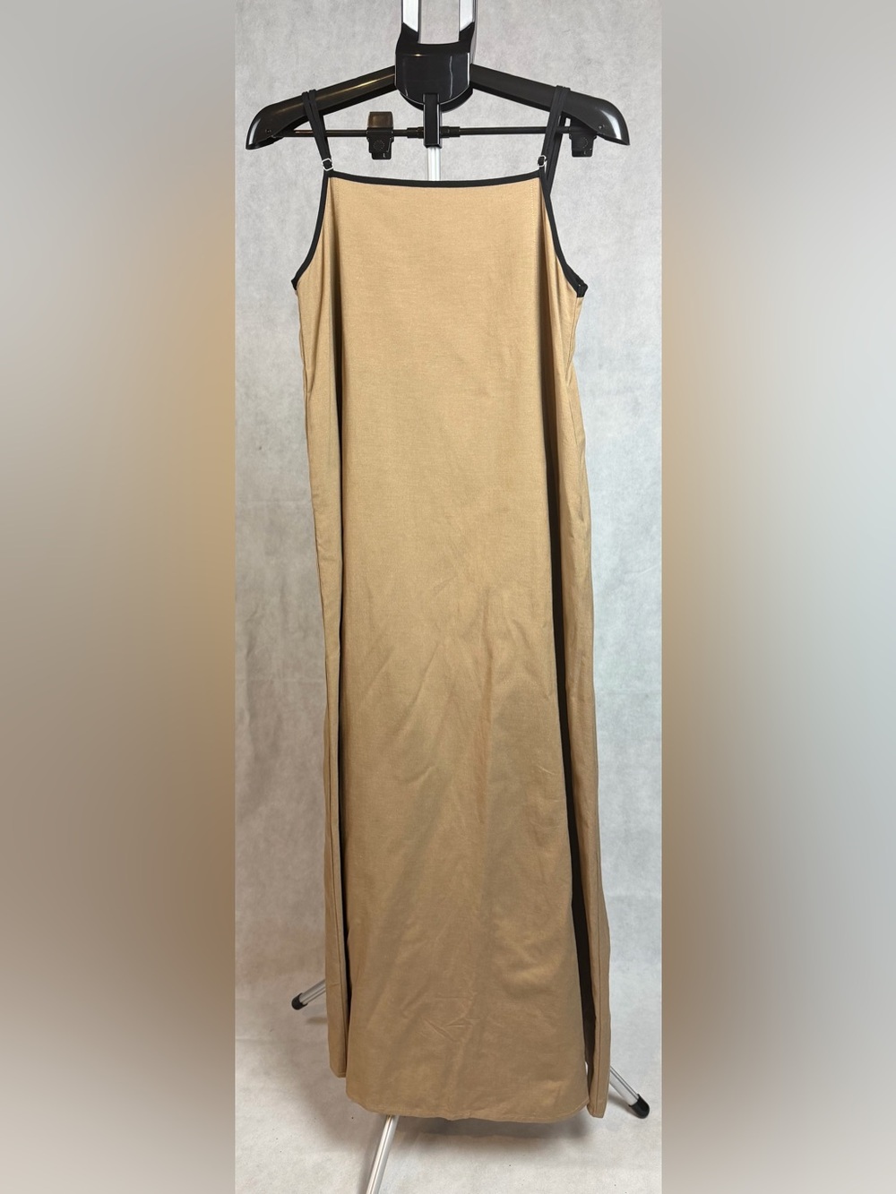 Senllen linen maxi dress Camel brown tan  Black Trim adjustable Size Small NWT - Picture 4 of 15